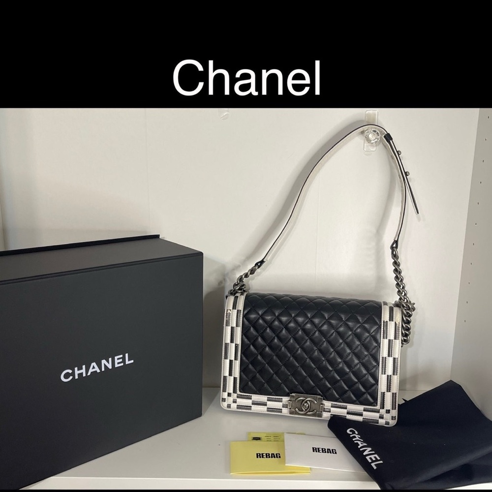 Chanel Boy Bag Original Medium Black and White Checkered Shoulder Bag